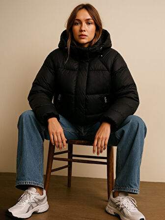 Kapüşonlu Fermuarlı Şişme Siyah Mont