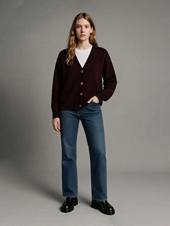 Uzun Kollu Önü Düğmeli Triko Kırmızı Hırka