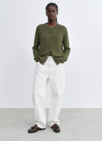 Uzun Kollu Önü Düğmeli Triko Yeşil Hırka