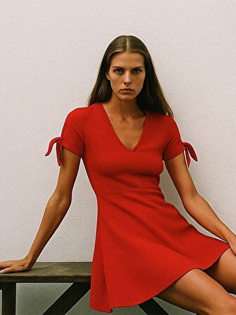 Basic V Yaka Kırmızı Elbise