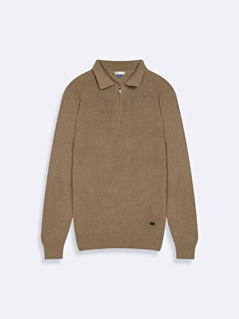 Polo Yaka Yarım Fermuarlı Triko Gri Kazak