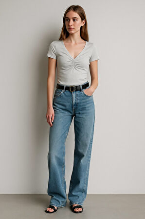 Kısa Kollu Önü Büzgülü Basic Karışık T-shırt