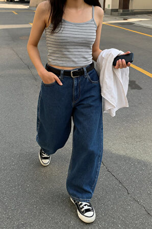 İnce Askılı Çizgili Crop Gri Atlet