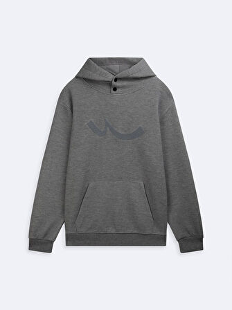 Uzun Kollu Kapüşonlu Sign Baskılı Antrasit Sweatshırt