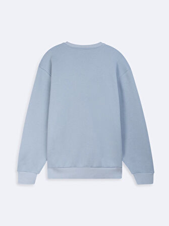 Uzun Kollu Sıfır Yaka Sign Baskılı Mavi Sweatshırt