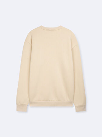 Uzun Kollu Sıfır Yaka Sign Baskılı Bej Sweatshırt