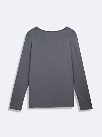 Uzun Kollu V Yaka Önü Düğmeli Basıc Gri Sweatshırt