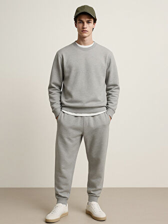 Uzun Kollu Sıfır Yaka Basic Gri Sweatshırt