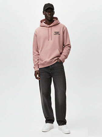 Uzun Kollu Kapüşonlu Slogan Baskılı Pembe Sweatshırt