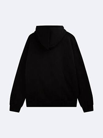 Uzun Kollu Kapüşonlu Slogan Baskılı Siyah Sweatshırt