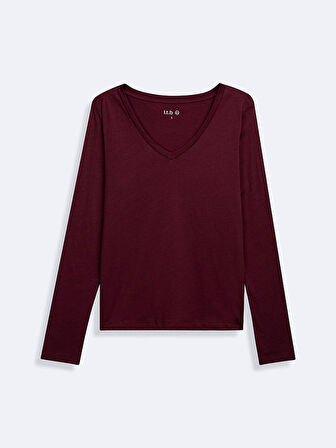 Uzun Kollu V Yaka Basic Kırmızı Sweatshırt