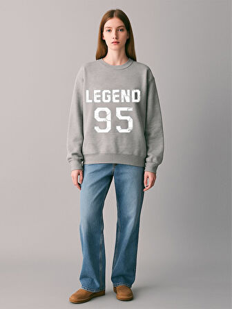 Uzun Kollu Sıfır Yaka Slogan Baskılı Gri Sweatshırt