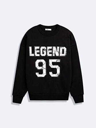 Uzun Kollu Sıfır Yaka Slogan Baskılı Siyah Sweatshırt