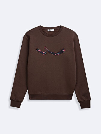 Uzun Kollu Sıfır Yaka Slogan Baskılı Kahve Rengi Sweatshırt