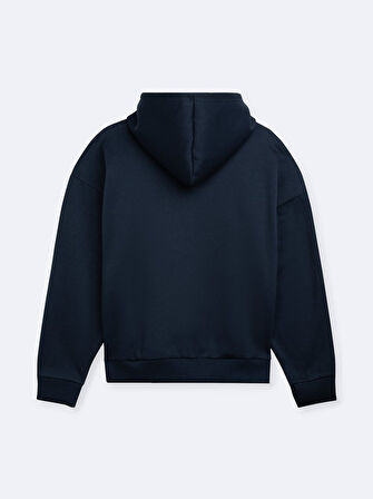 Uzun Kollu Kapüşonlu Slogan Baskılı Lacivert Sweatshırt