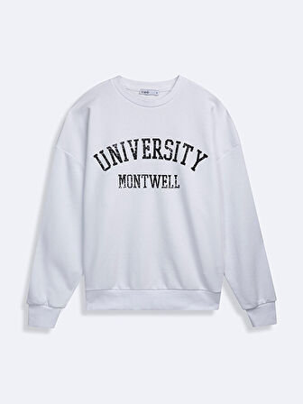 Uzun Kollu Bisiklet Yaka Sloganlı Basıc Beyaz Sweatshırt