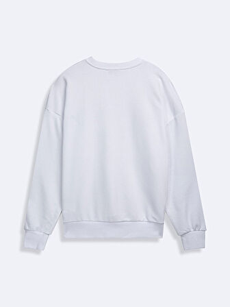 Uzun Kollu Bisiklet Yaka Sloganlı Basıc Beyaz Sweatshırt