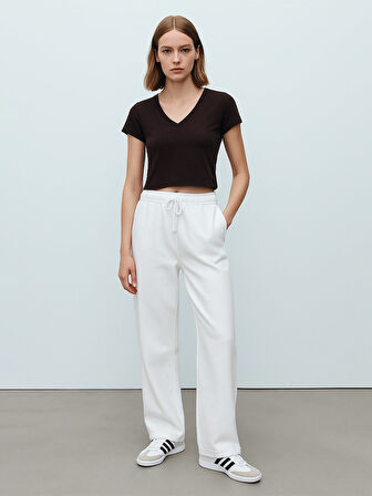 Beli Lastikli Düz Beyaz Pantolon