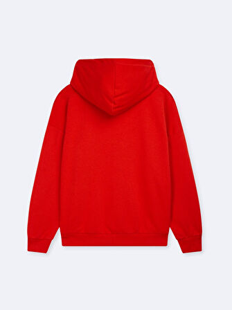 Uzun Kollu Kapüşonlu Slogan Baskılı Kırmızı Sweatshırt