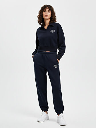 Polo Yaka Slogan Baskılı Crop Lacivert Sweatshırt