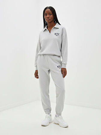 Beli Lastikli Slogan Baskılı Dar Paça Gri Eşofman