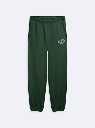 Beli Lastikli Slogan Baskılı Dar Paça Yeşil Eşofman