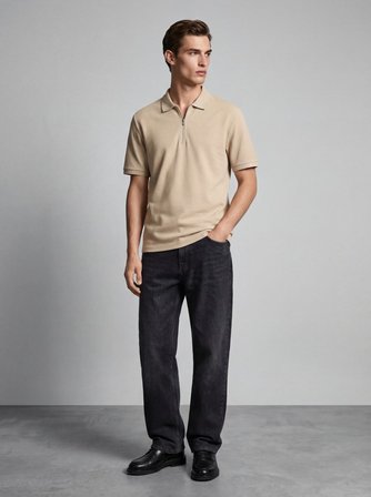Fermuarlı Pike Polo Yaka Bej T-shırt