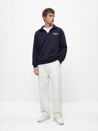 Regular Fit V Yaka Yazı Baskılı Lacivert Sweatshırt