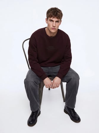 Regular Fit Yazı Baskılı Bisiklet Yaka Kahverengi Sweatshırt