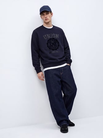 Relaxed Fit Baskı Detaylı Bisiklet Yaka Lacivert Sweatshırt
