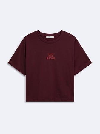 Baby Tee Yazı Baskılı Bordo T-shırt