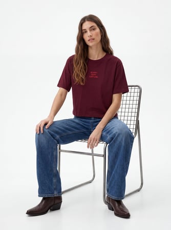 Baby Tee Yazı Baskılı Bordo T-shırt