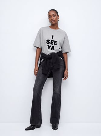 Relaxed Fit Kadife Yazı Baskılı Gri T-shırt