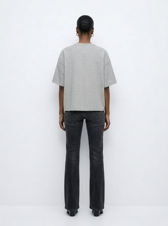 Relaxed Fit Kadife Yazı Baskılı Gri T-shırt