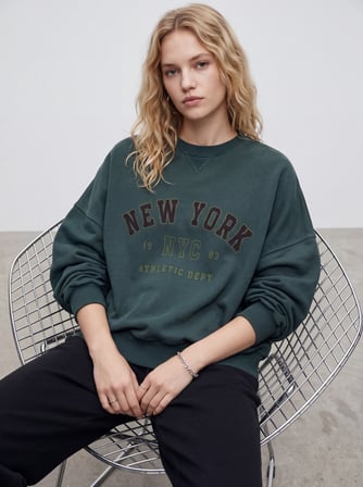 Relaxed Fit Faded Fabric Yazı Baskılı Yeşil Sweatshırt