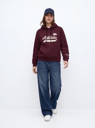 Regular Fit Yazı Baskılı Kapüşonlu Bordo Sweatshırt