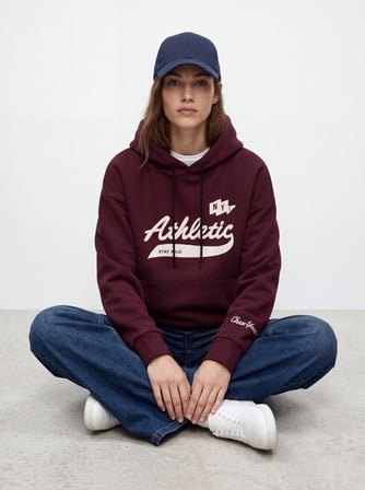 Regular Fit Yazı Baskılı Kapüşonlu Bordo Sweatshırt