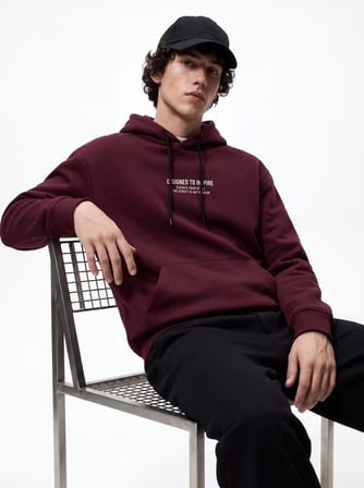 Regular Fit Yazı Baskılı Kapüşonlu Bordo Sweatshırt