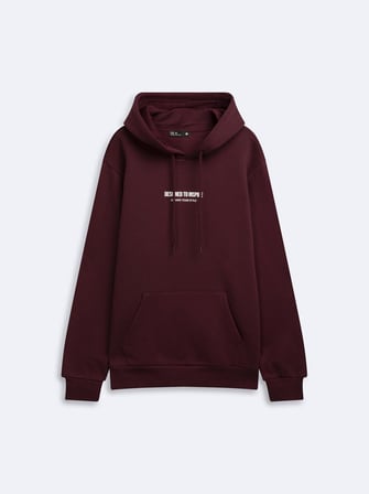 Regular Fit Yazı Baskılı Kapüşonlu Bordo Sweatshırt