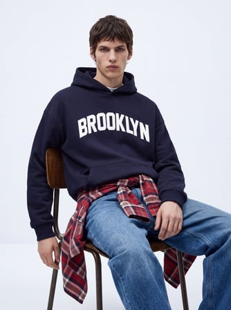 Relaxed Fit Yazı Baskılı Kapüşonlu Lacivert Sweatshırt