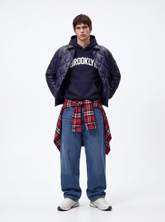 Relaxed Fit Yazı Baskılı Kapüşonlu Lacivert Sweatshırt