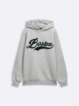 Regular Fit Baskı Detaylı Kapüşonlu Gri Sweatshırt