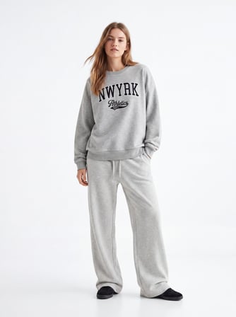 Relaxed Fit Yazı Baskılı Bisiklet Yaka Gri Sweatshırt