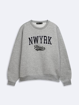 Relaxed Fit Yazı Baskılı Bisiklet Yaka Gri Sweatshırt
