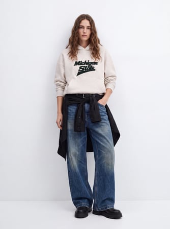 Regular Fit Baskı Detaylı Kapüşonlu Bej Sweatshırt