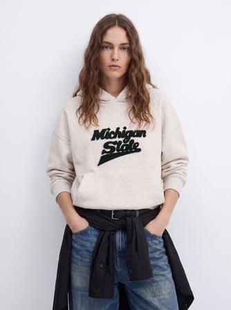 Regular Fit Baskı Detaylı Kapüşonlu Bej Sweatshırt