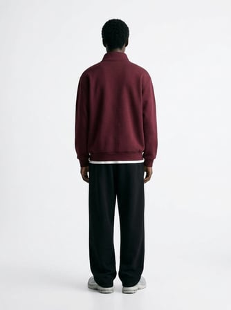 Regular Fit Dik Yaka Yarım Fermuarlı Bordo Sweatshırt