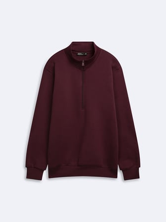 Regular Fit Dik Yaka Yarım Fermuarlı Bordo Sweatshırt