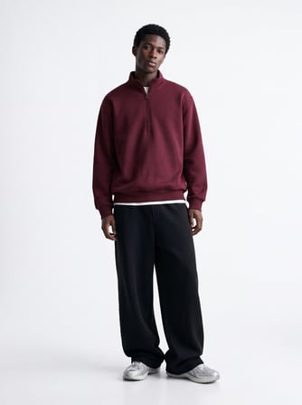 Regular Fit Dik Yaka Yarım Fermuarlı Bordo Sweatshırt
