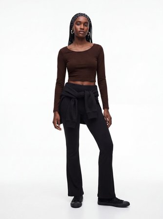 Uzun Kollu Bisiklet Yaka Crop Kahverengi Sweatshırt